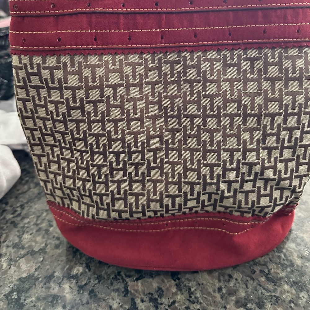 Tommy Hilfiger Red and Brown Shoulder Bag with Monogram Design